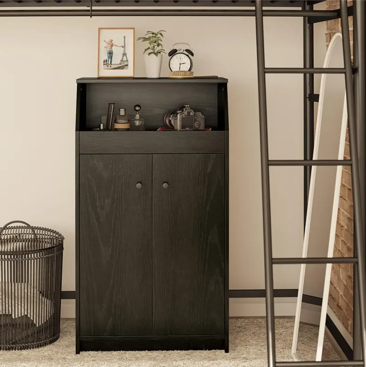 The Loft 2 Door Storage Tower with a Large Open Cubby and 2 Shelves