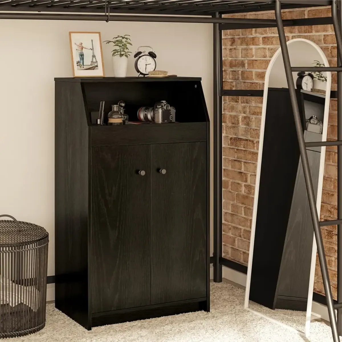 The Loft 2 Door Storage Tower with a Large Open Cubby and 2 Shelves