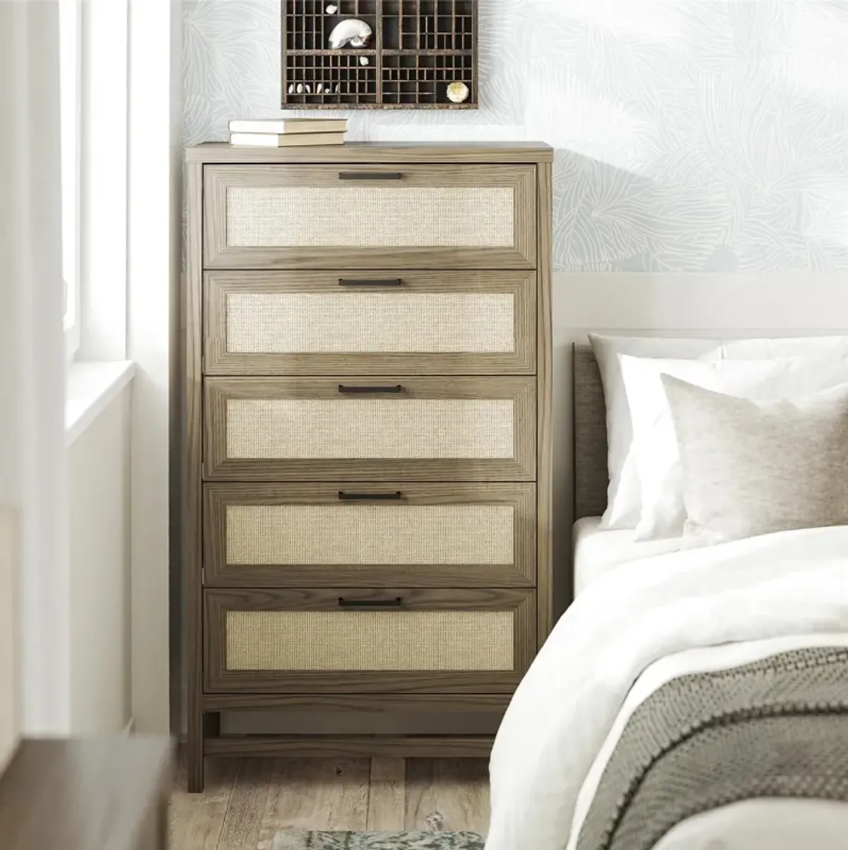 Lennon 5 Drawer Dresser with Faux Rattan and Gold Metal Handles