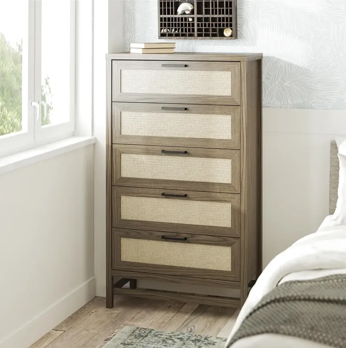 Lennon 5 Drawer Dresser with Faux Rattan and Gold Metal Handles