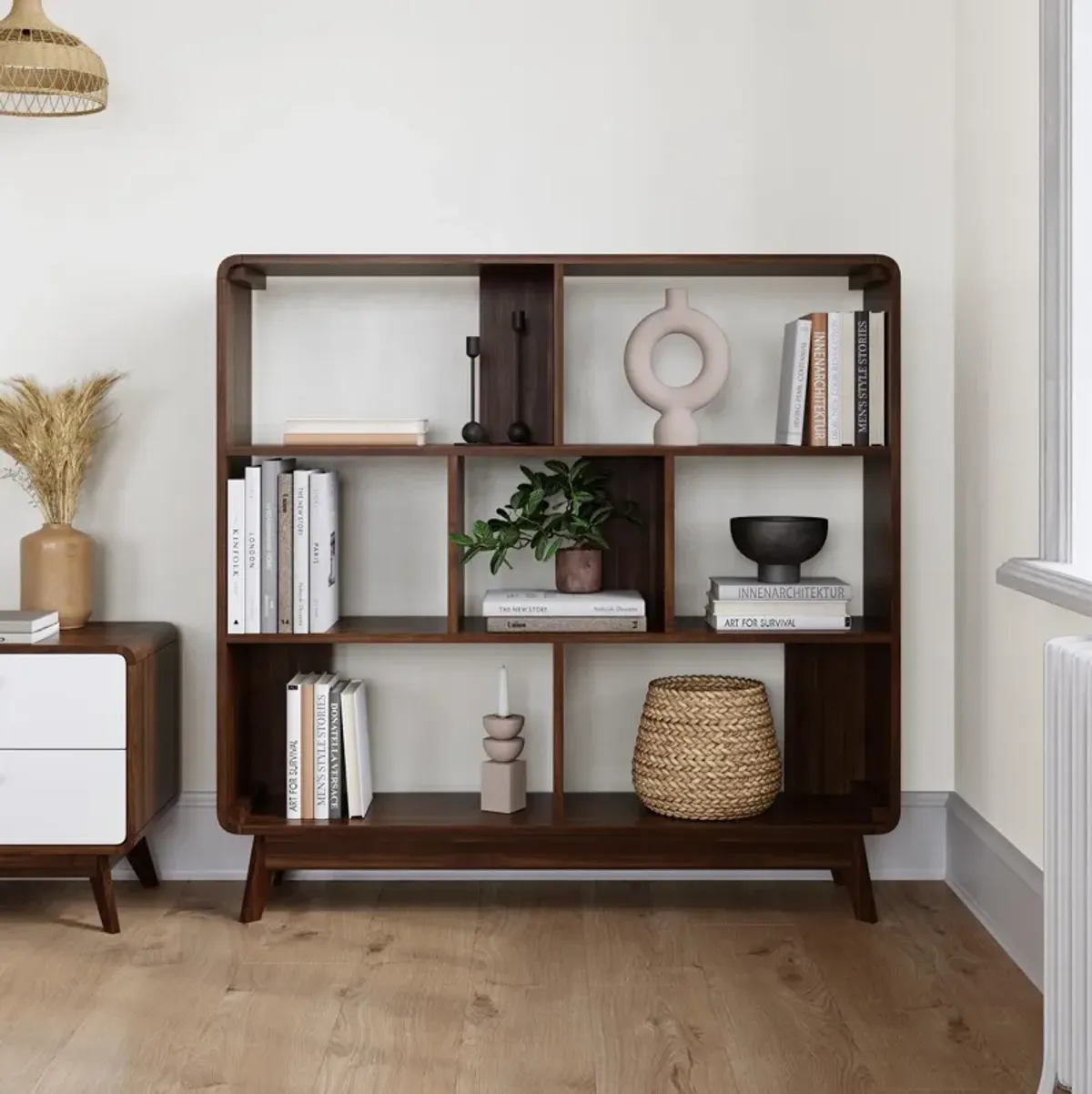 Leva Scandinavian Style Bookcase with 7 Open Cubbies