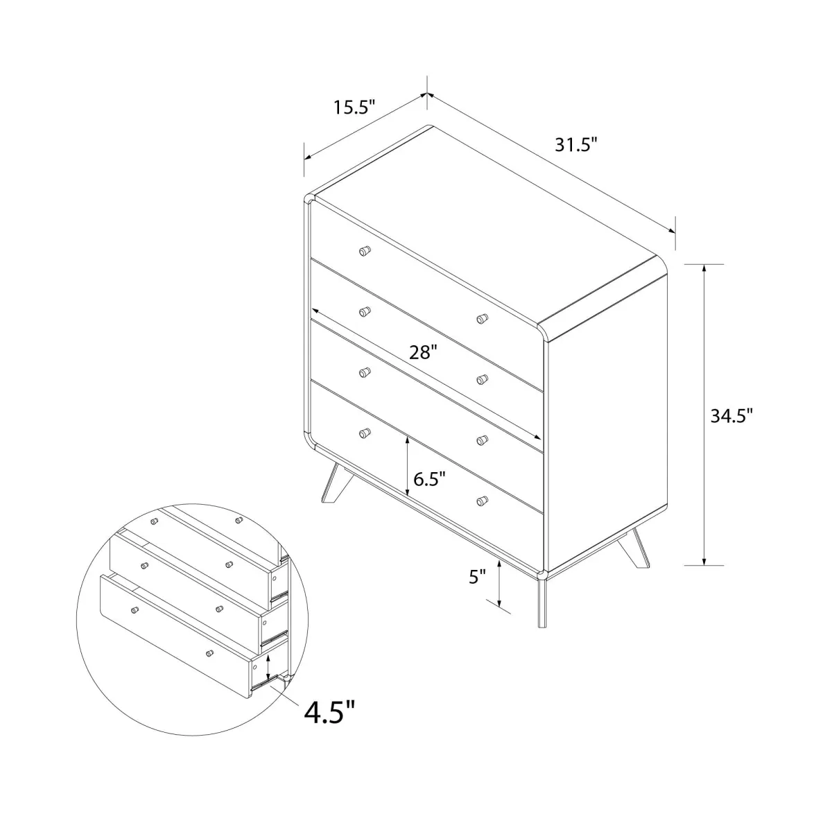 Leva Scandinavian Style 4 Drawer Dresser