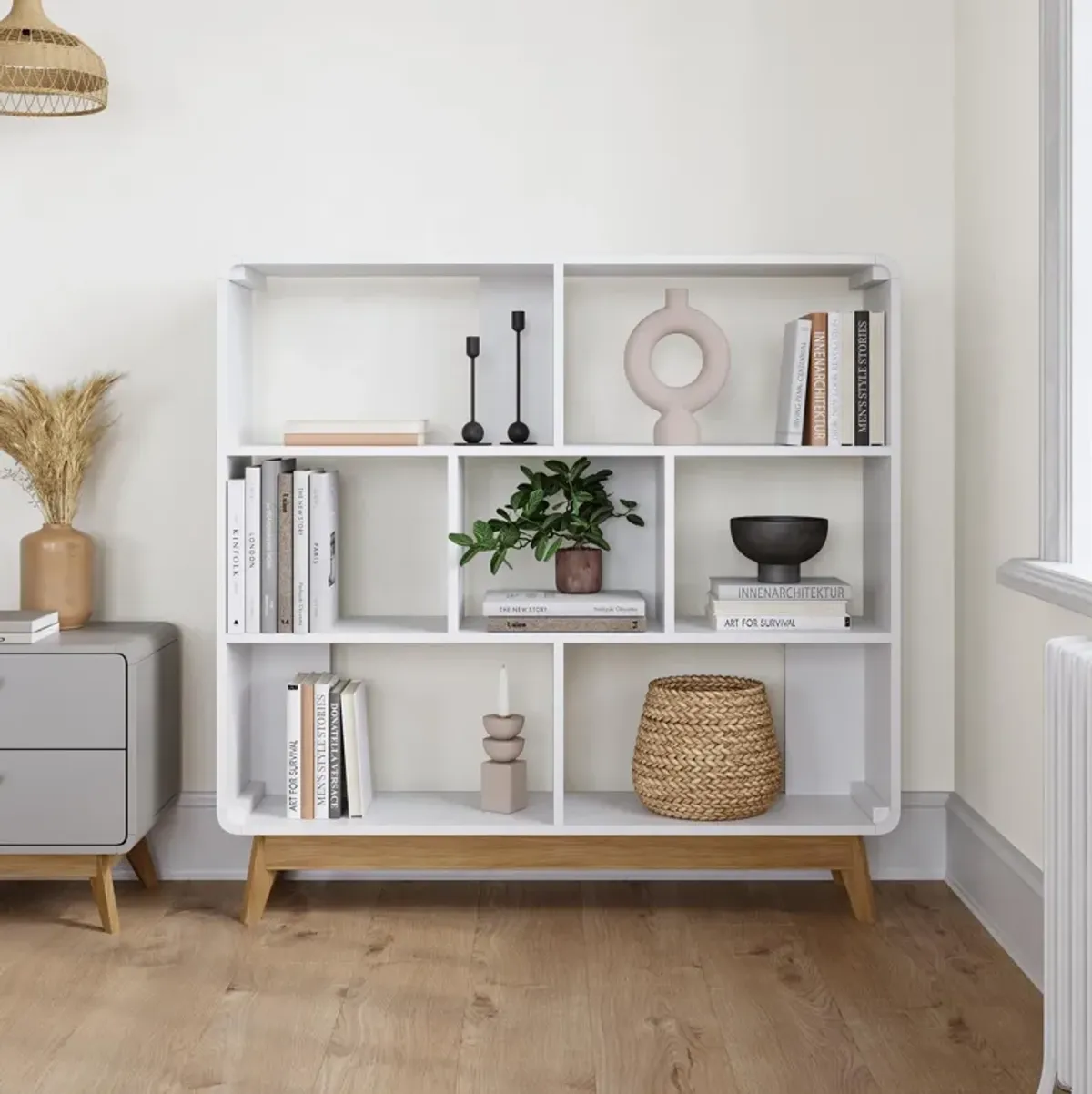 Leva Scandinavian Style Bookcase with 7 Open Cubbies