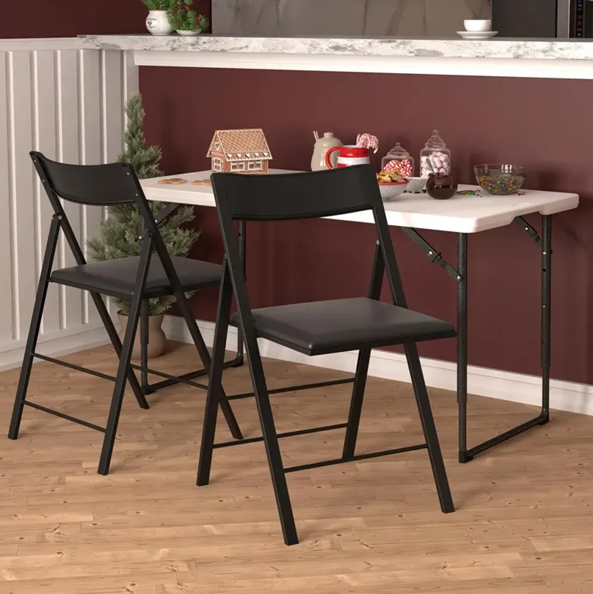 Modern Slim Line Vinyl Padded Folding Chairs, Set of 2