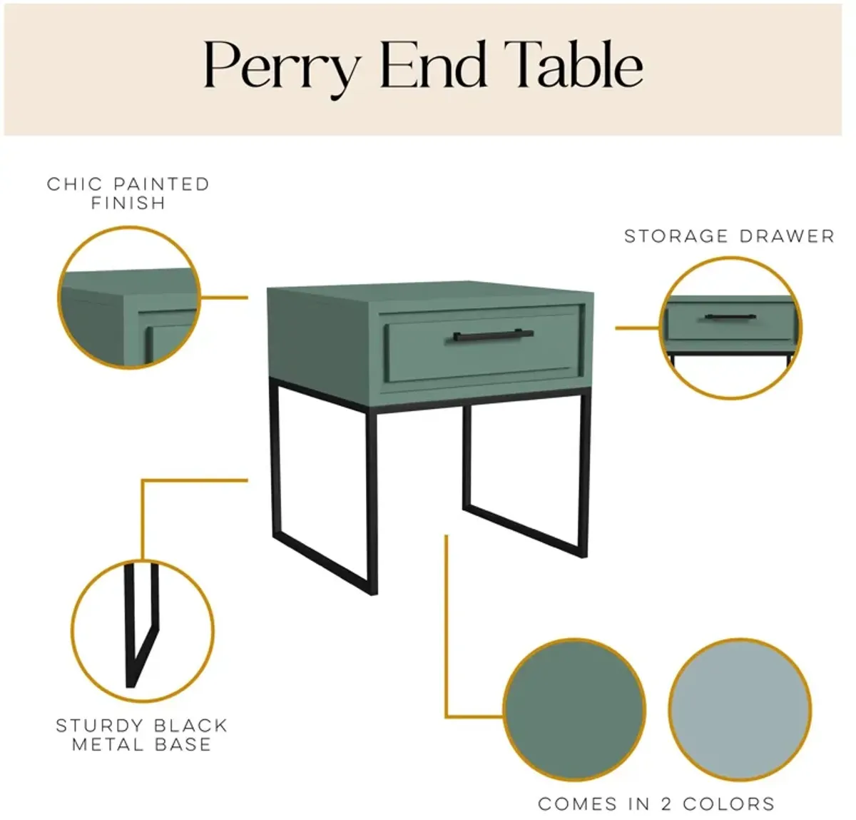 Perry End Table with 1 Drawer and a Black Metal Base