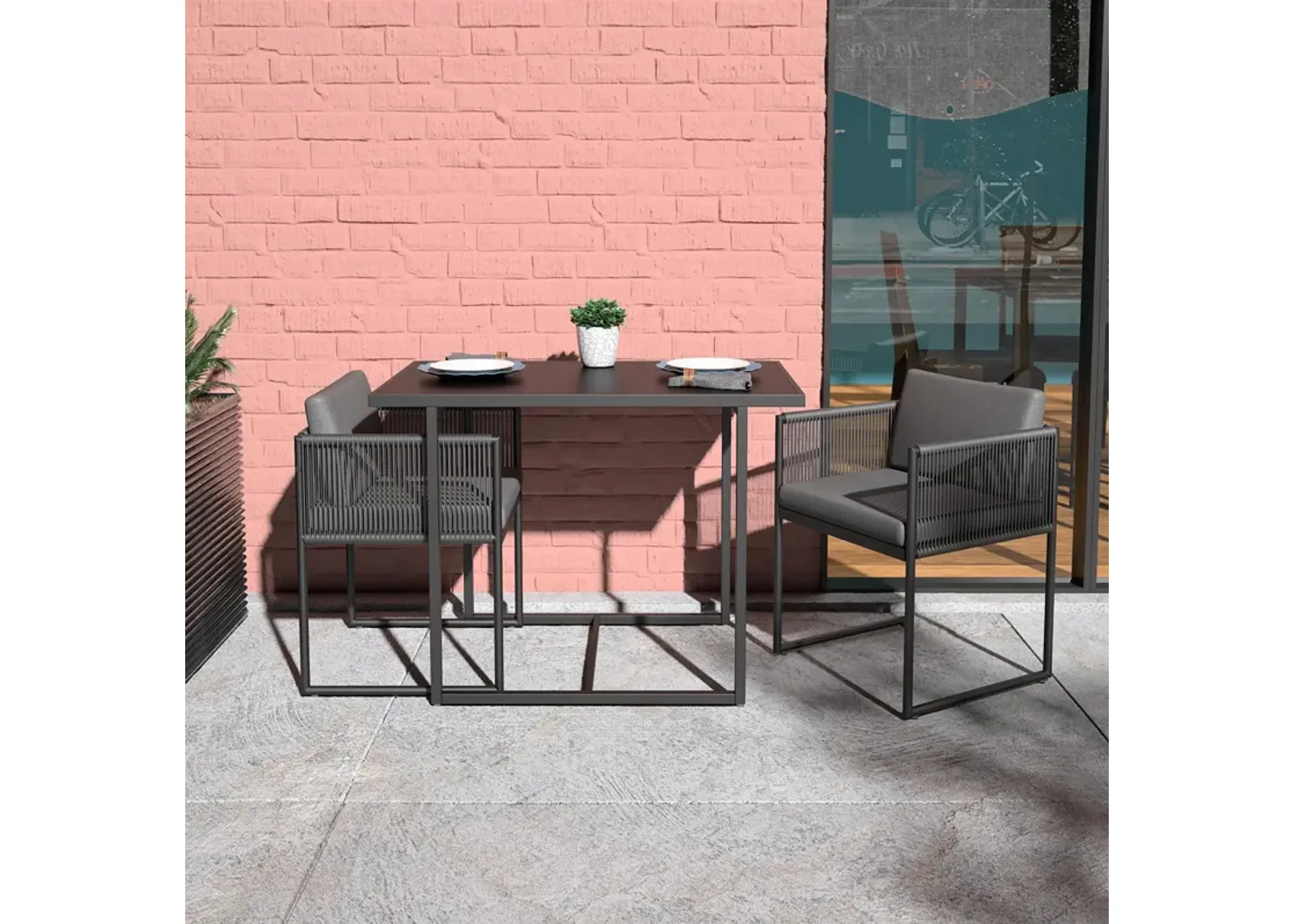 Modern Nesting Outdoor 3-Piece Bistro Set with Resin Weave and Fabric Cushions