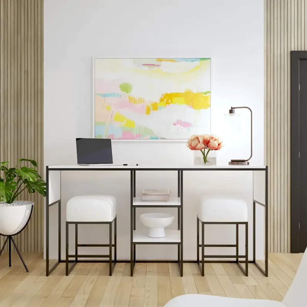 Perry Sofa Table with Bar Stools, White and Gray Stripe