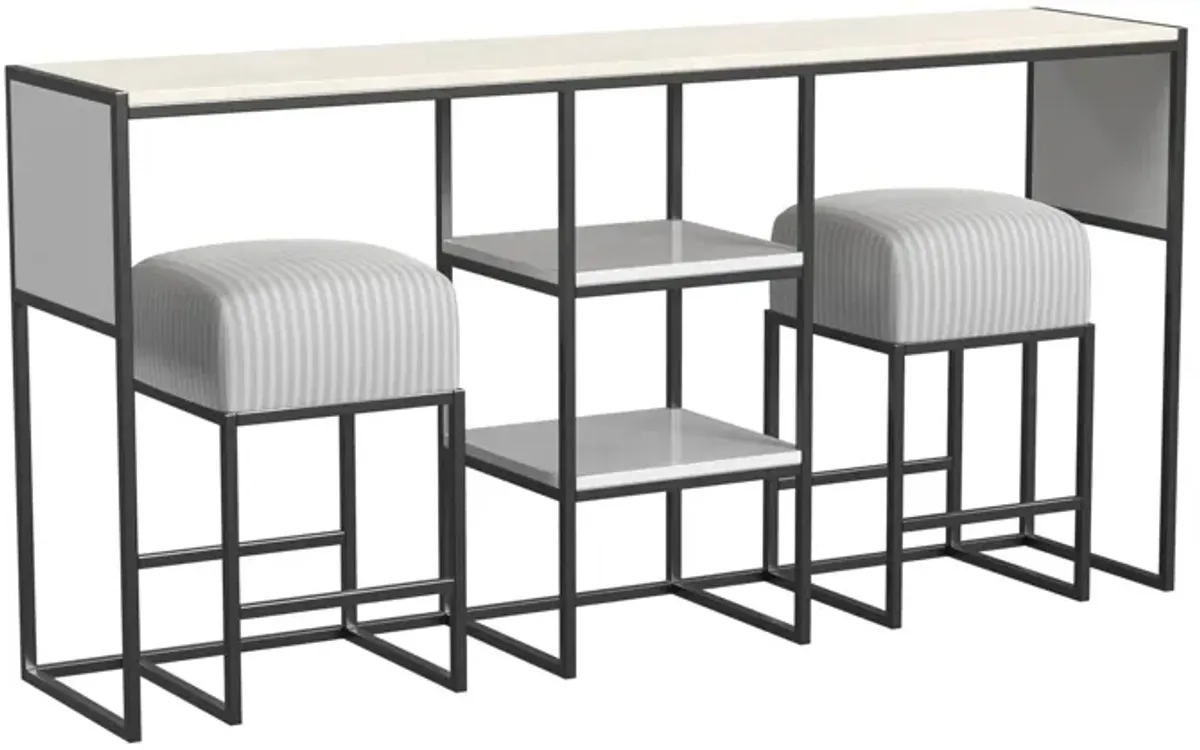 Perry Sofa Table with Bar Stools, White and Gray Stripe