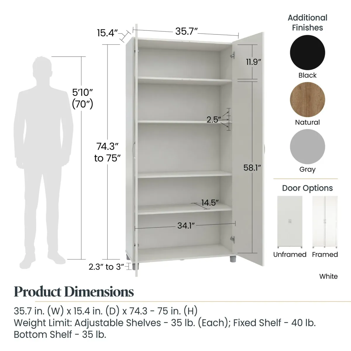 Basin Framed 36 Inch Utility Cabinet with 5 Shelves