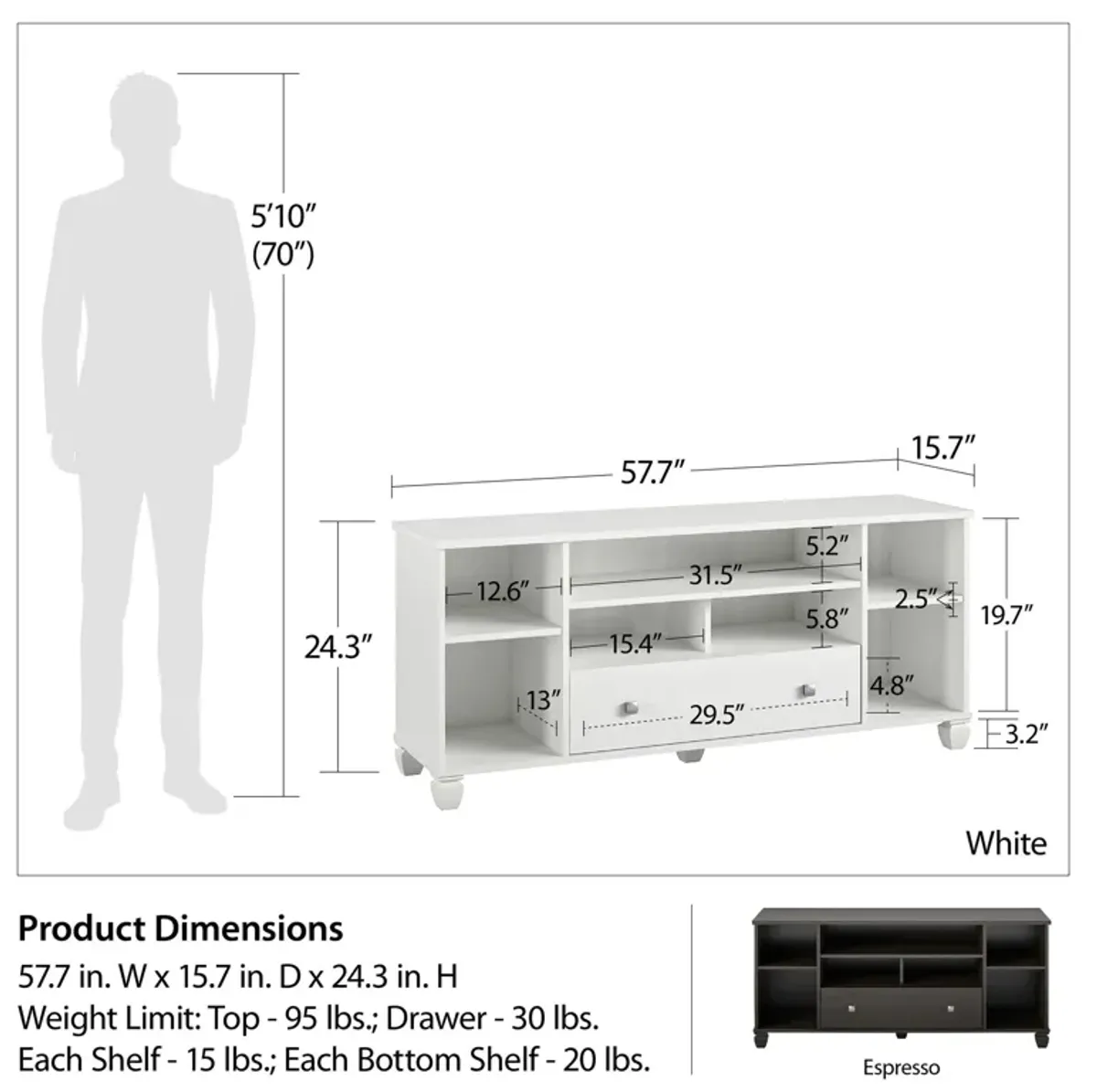 Brett TV Stand for TVs up to 64" with 7 Open Shelves and 1 Drawer