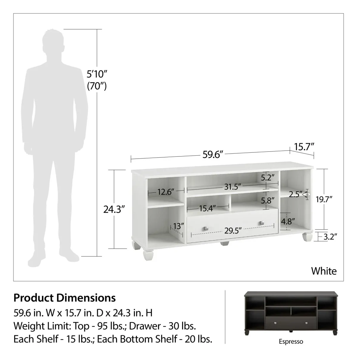 Brett TV Stand for TVs up to 64" with 7 Open Shelves and 1 Drawer