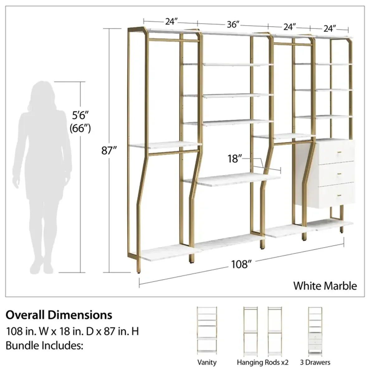 Gwyneth Closet 4 Piece Bundle-2 Hanging Rod, 1 Vanity & 1 Drawer Unit