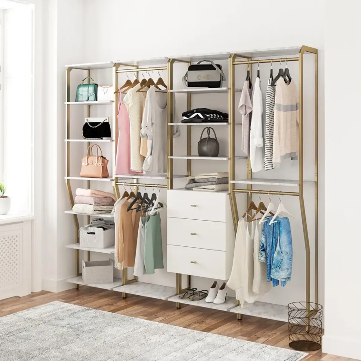 Gwyneth Closet 4 Piece Bundle-2 Hanging Rod, 1 Shelf & 1 Drawer Unit