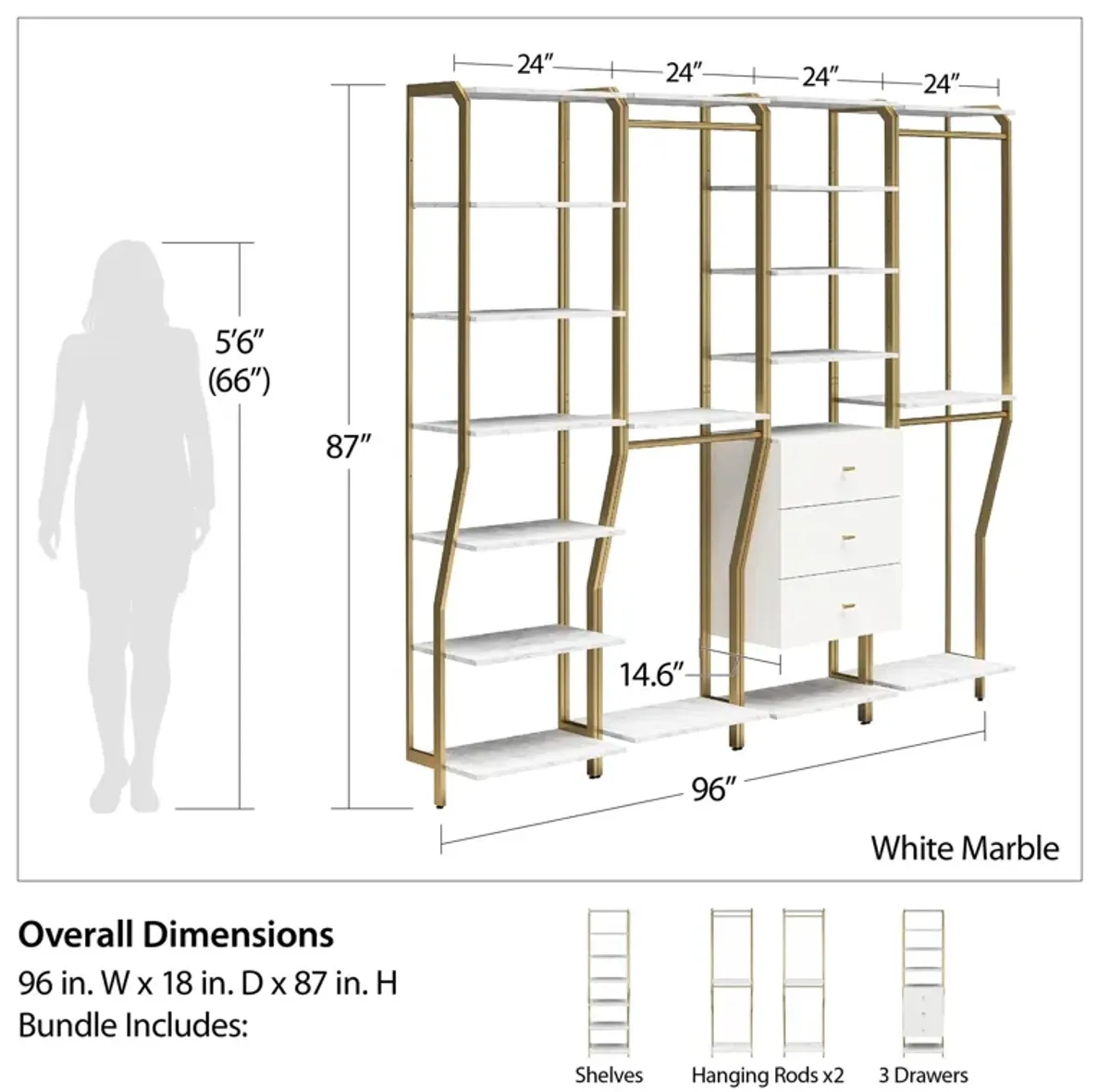 Gwyneth Closet 4 Piece Bundle-2 Hanging Rod, 1 Shelf & 1 Drawer Unit