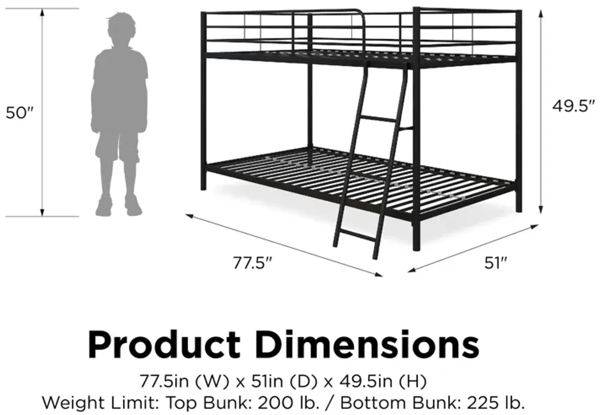 Small Space Junior Twin over Twin Metal Bunk Bed