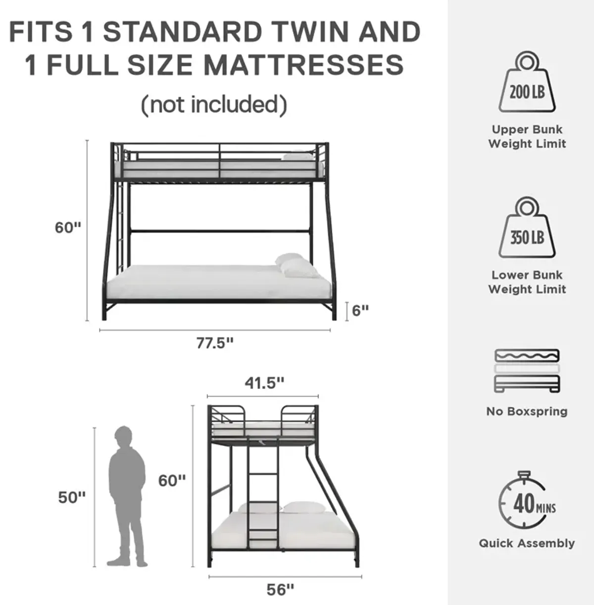 BrEZ Build Collection Easy Assembly Kids Metal Bunk Bed