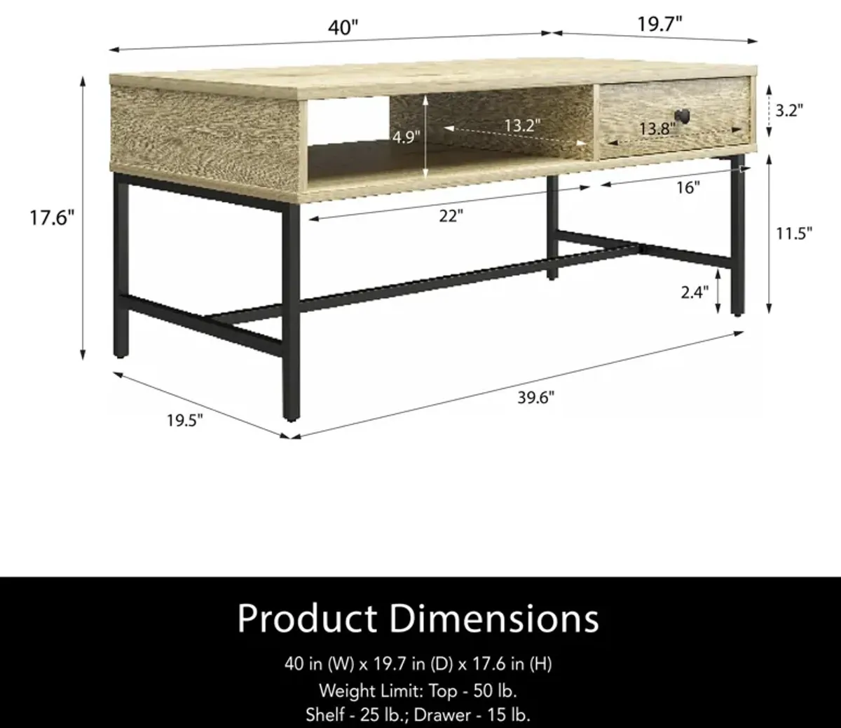 Brookville Coffee Table with 1 Drawer and Open Cubby