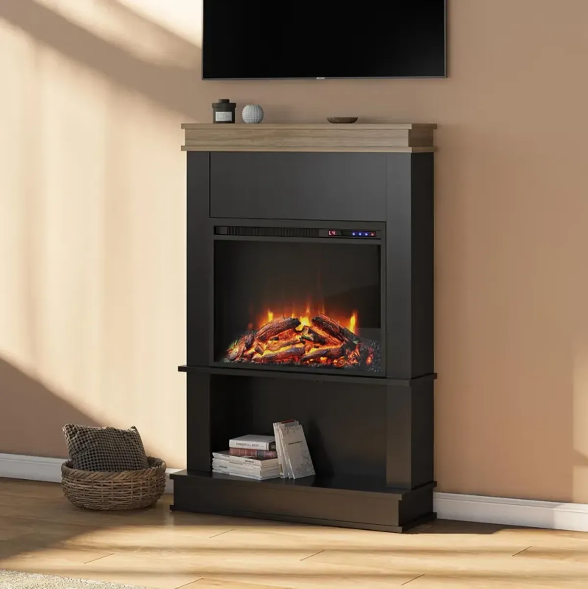 Mateo Electric Fireplace with Mantel and Open Shelf