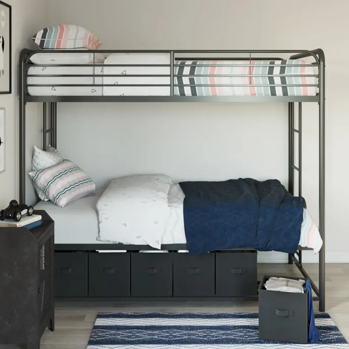 Travis Twin over Twin Metal Bunk Bed with Storage Bins