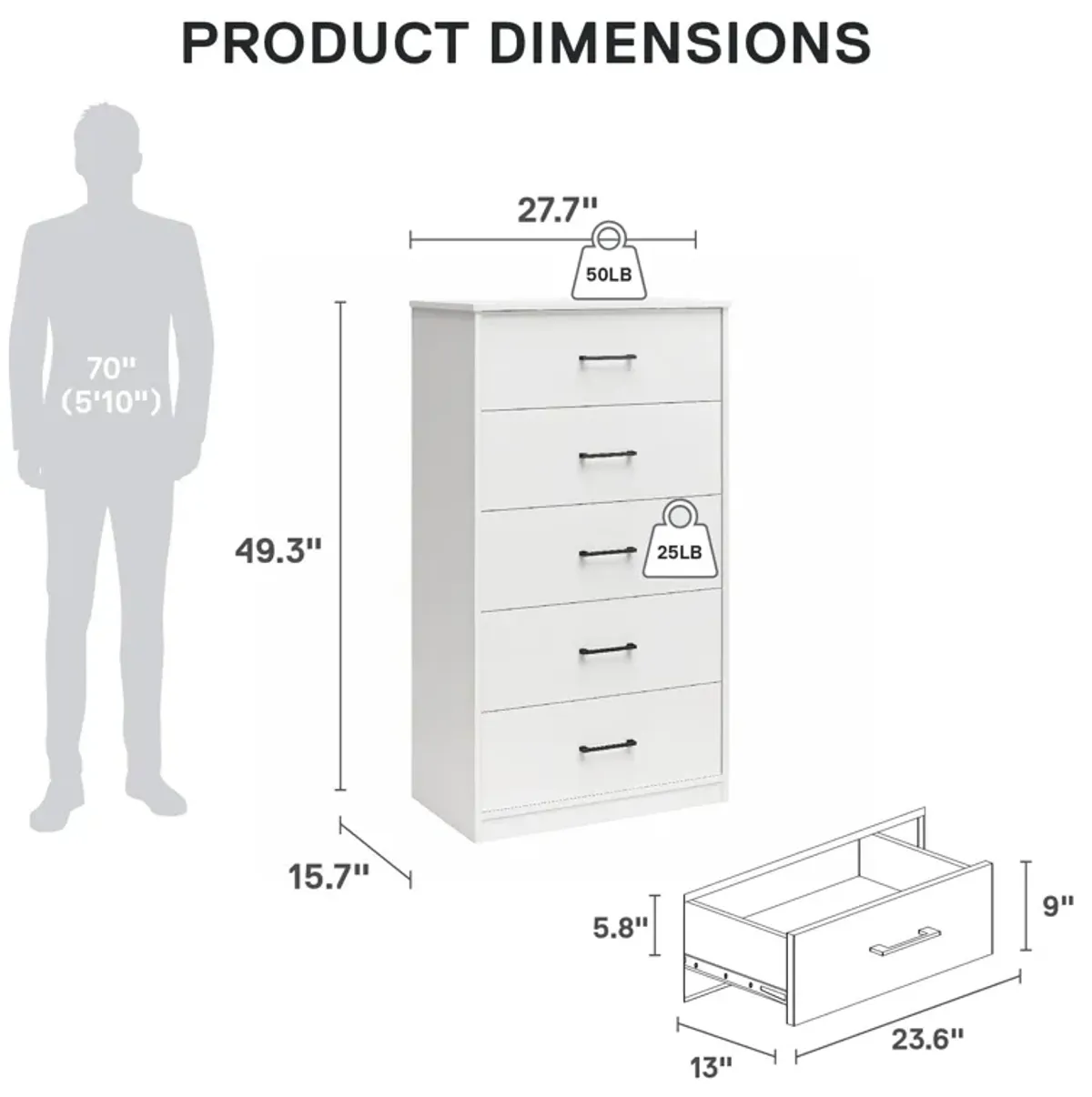 Easy Build Pearce Tall 5 Drawer Dresser with Interlocking SwitchLock™ System