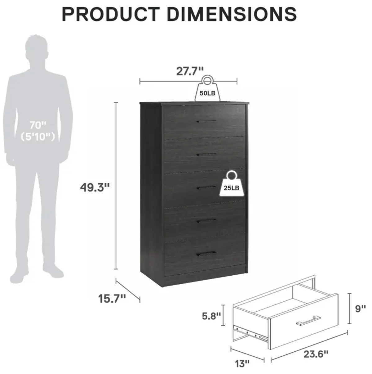 Easy Build Pearce Tall 5 Drawer Dresser with Interlocking SwitchLock™ System