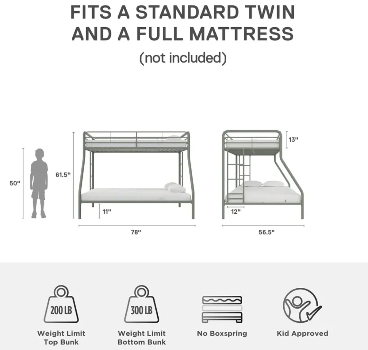 Dusty Twin over Full Metal Bunk Bed with Integrated Ladder