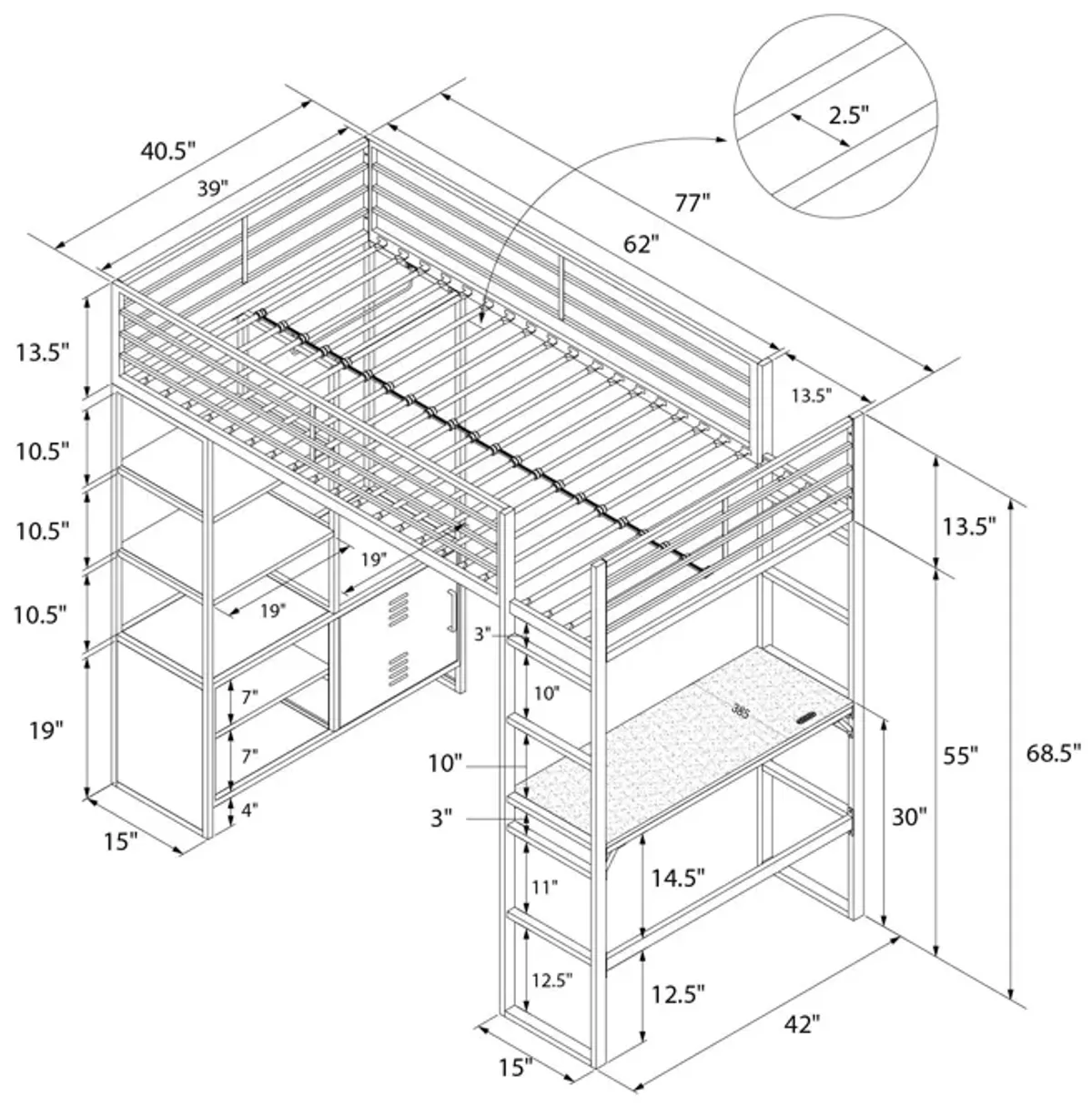 Lanis Twin Loft Bed with Desk and Storage