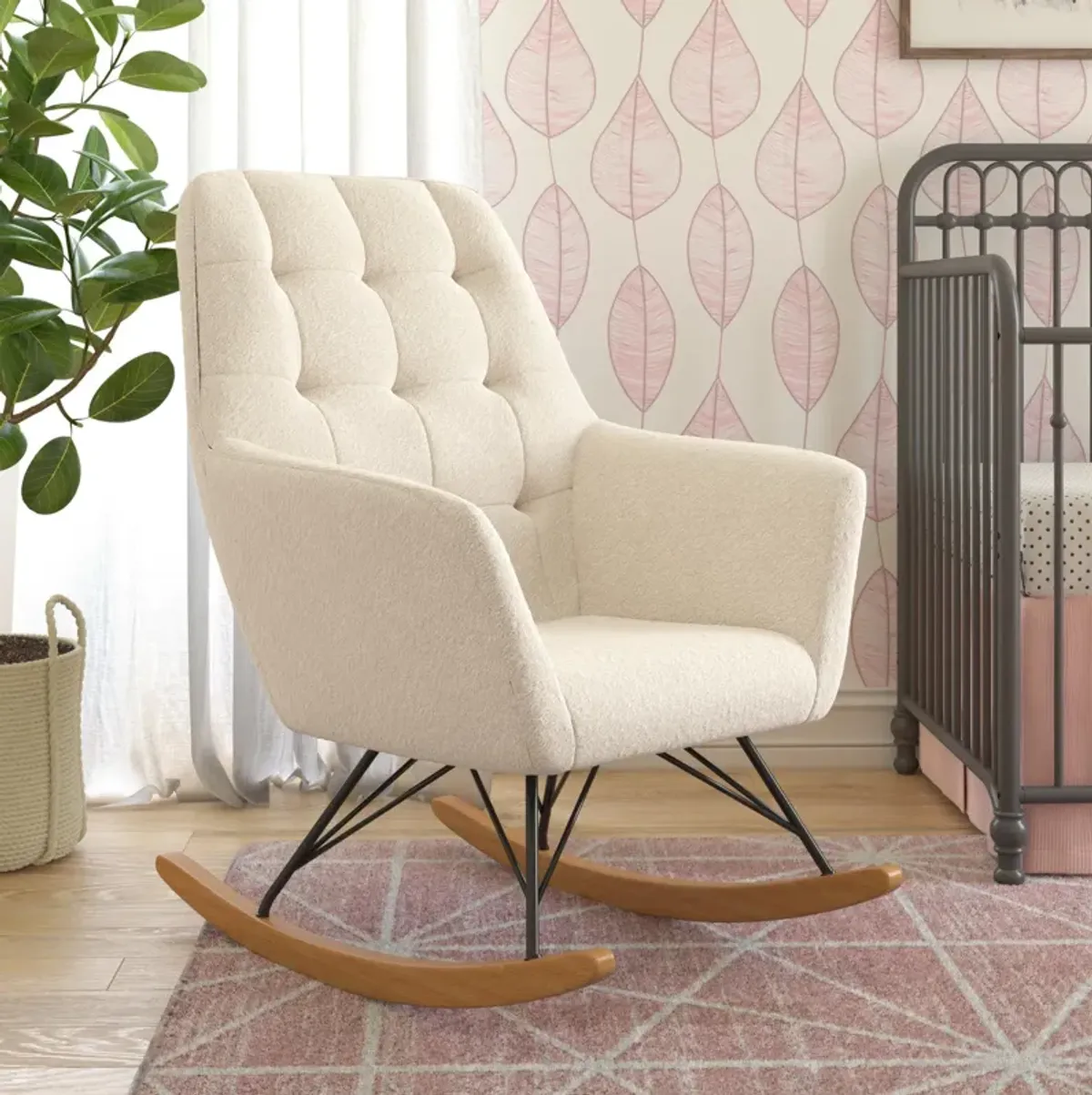 Raven Upholstered Rocker with Square Tufted Detailing and Wood Legs