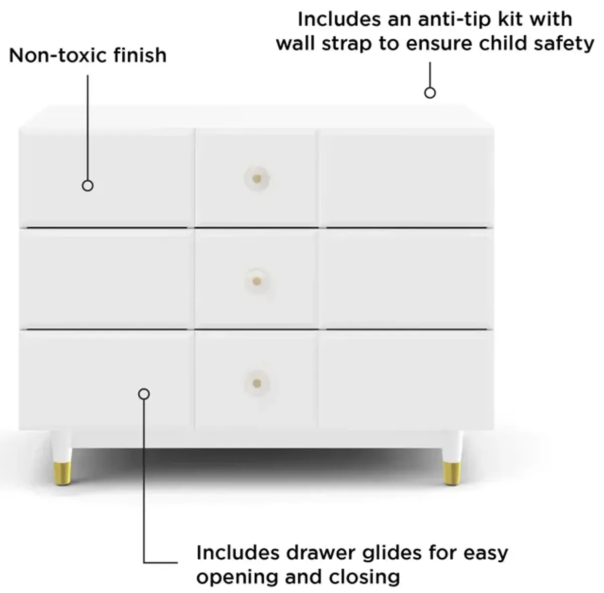 Aviary 3-Drawer Dresser with Gold Hardware