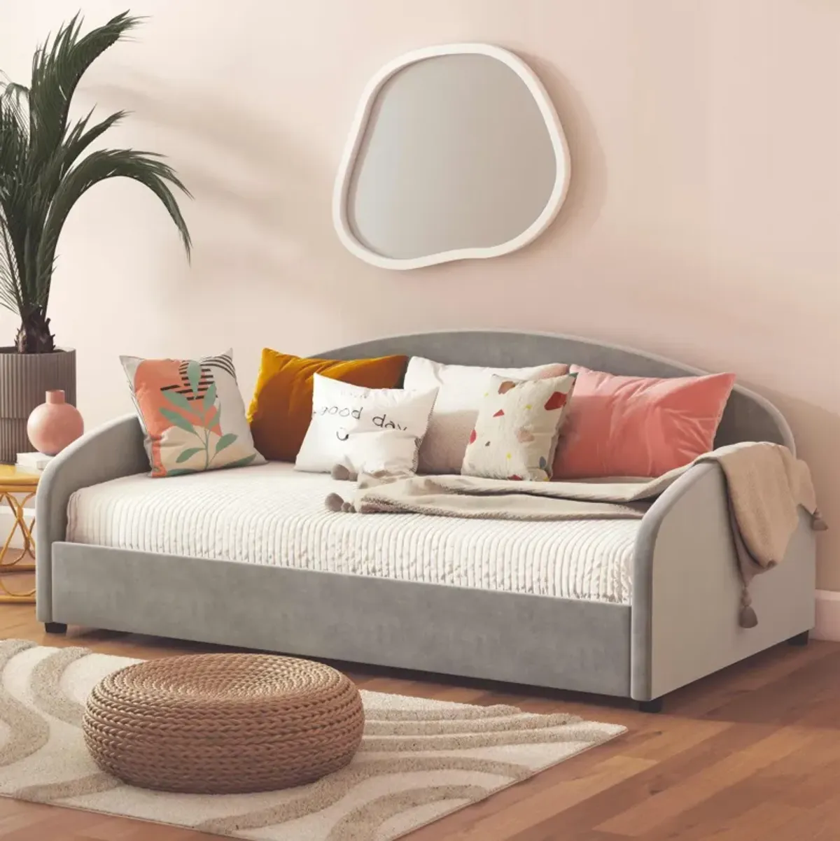 Moon Velvet Upholstered Daybed with Rounded Headboard