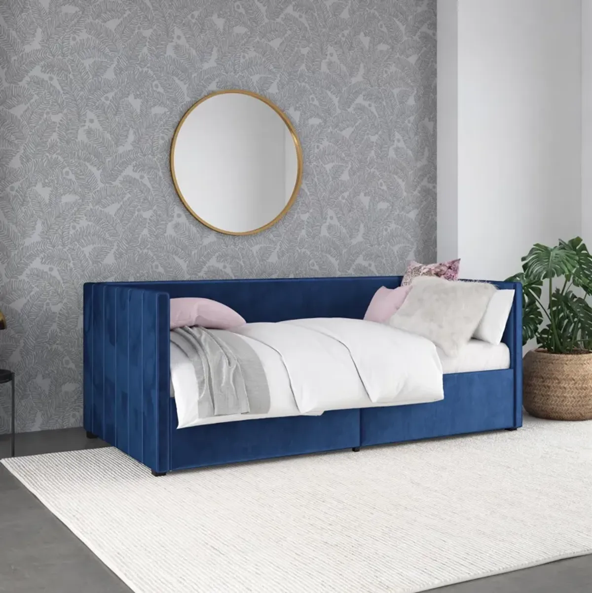 Novogratz Arliss Modern Glam Tuxedo Daybed with Storage, Twin, Blue Velvet