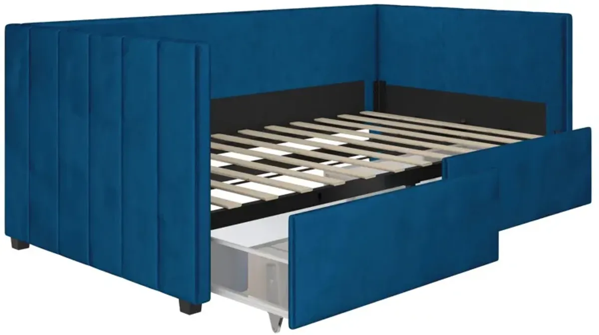 Novogratz Arliss Modern Glam Tuxedo Daybed with Storage, Twin, Blue Velvet