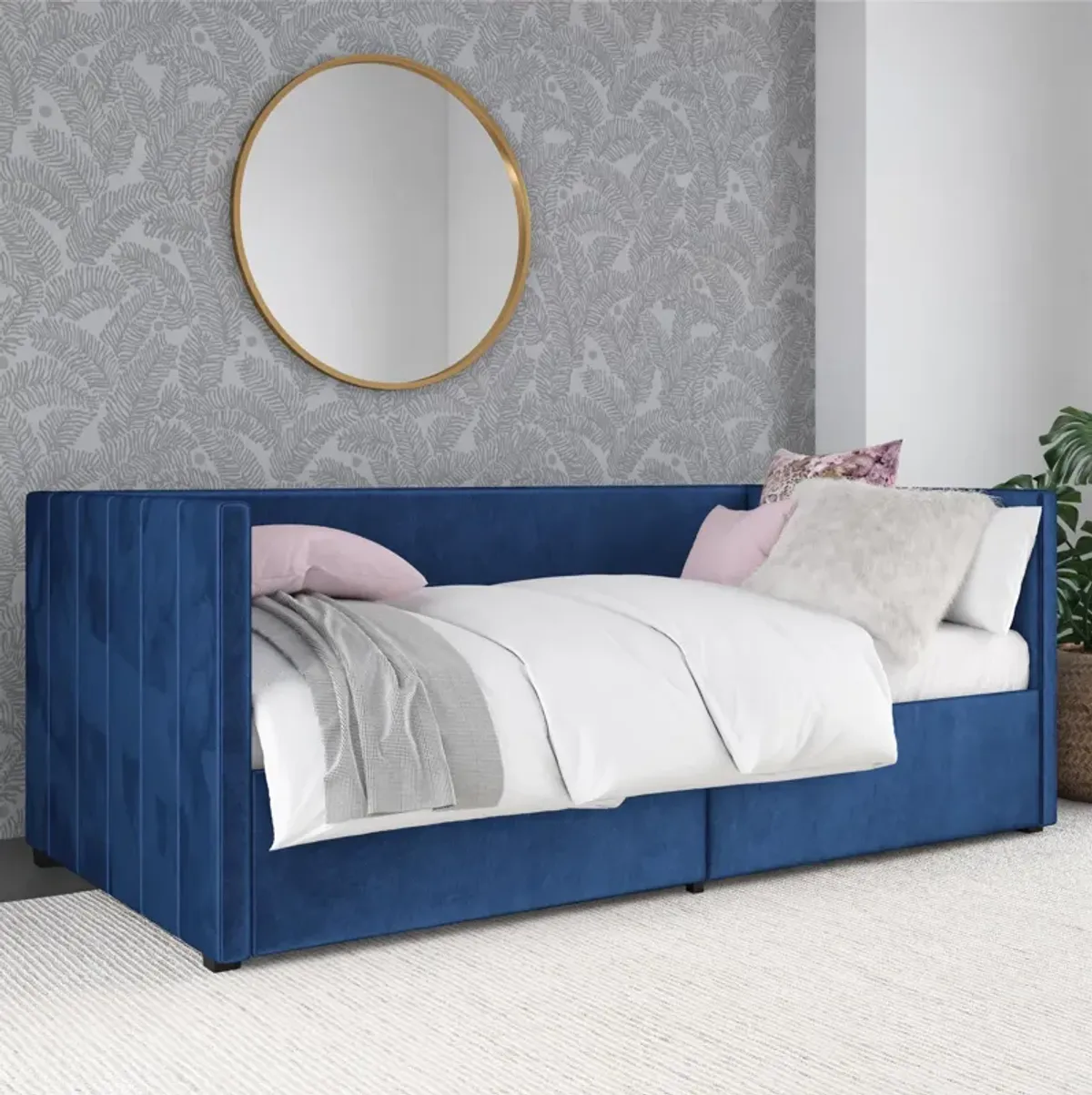 Novogratz Arliss Modern Glam Tuxedo Daybed with Storage, Twin, Blue Velvet