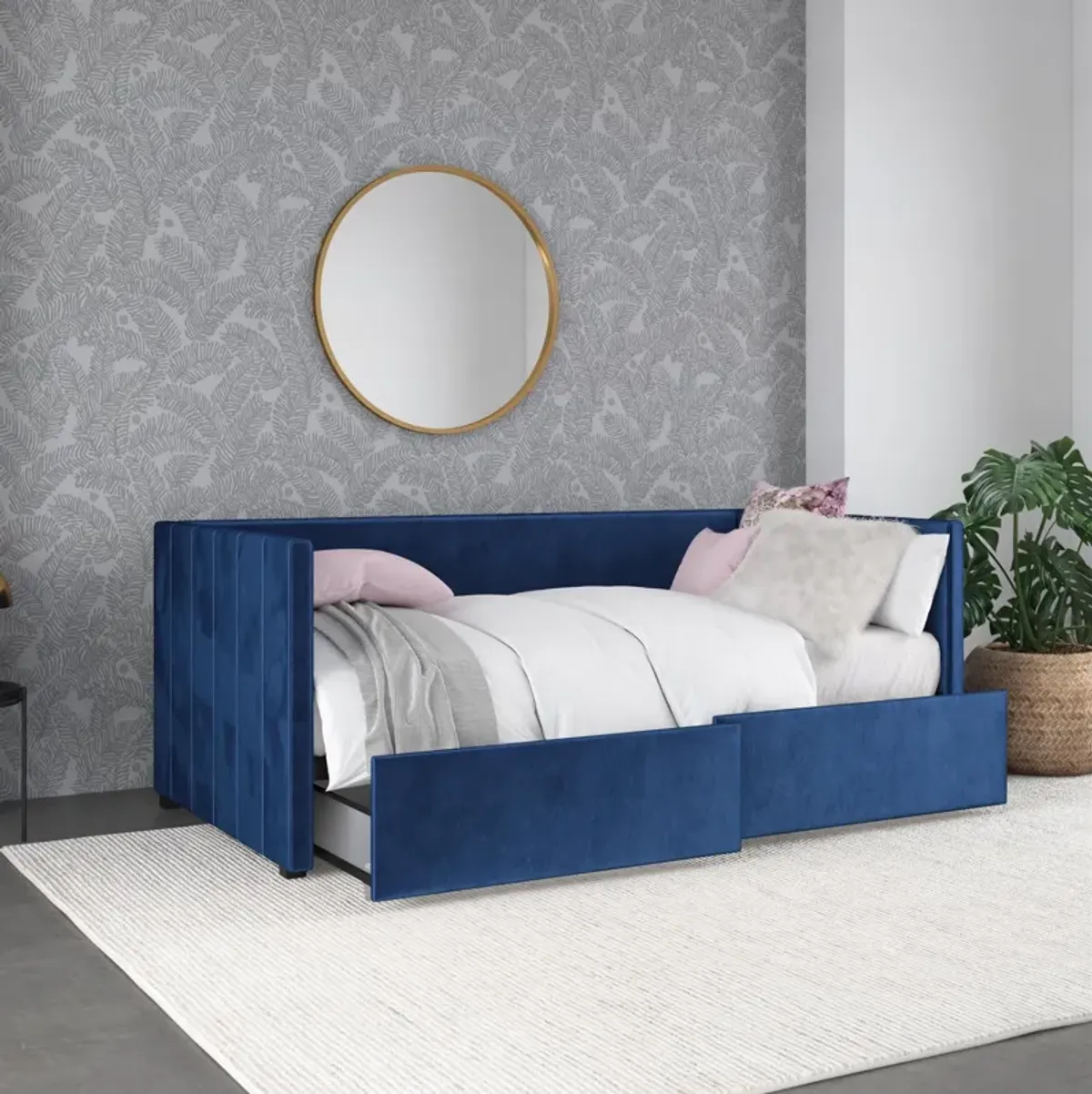 Novogratz Arliss Modern Glam Tuxedo Daybed with Storage, Twin, Blue Velvet