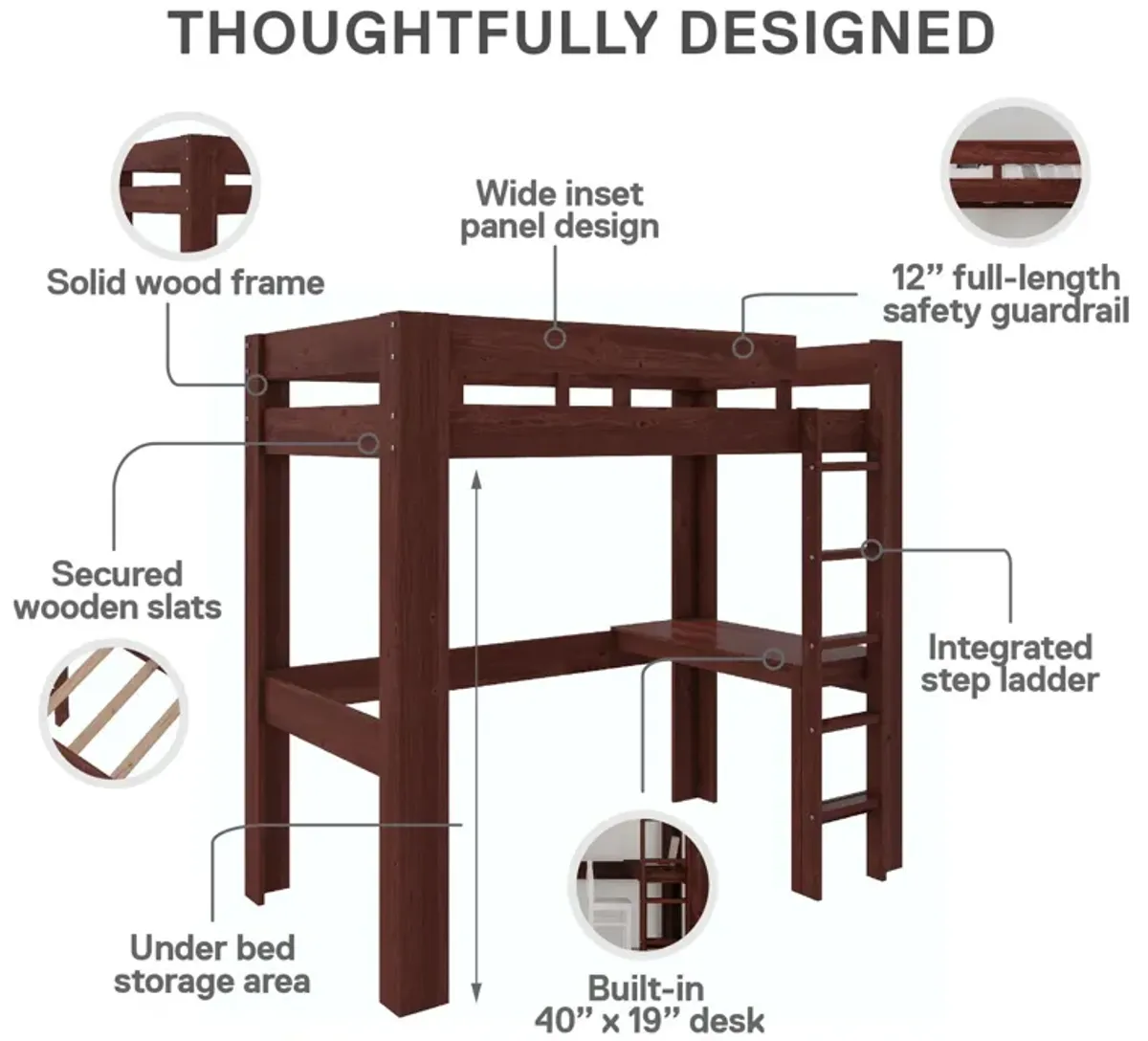 Davian Wood Loft Bed with Desk