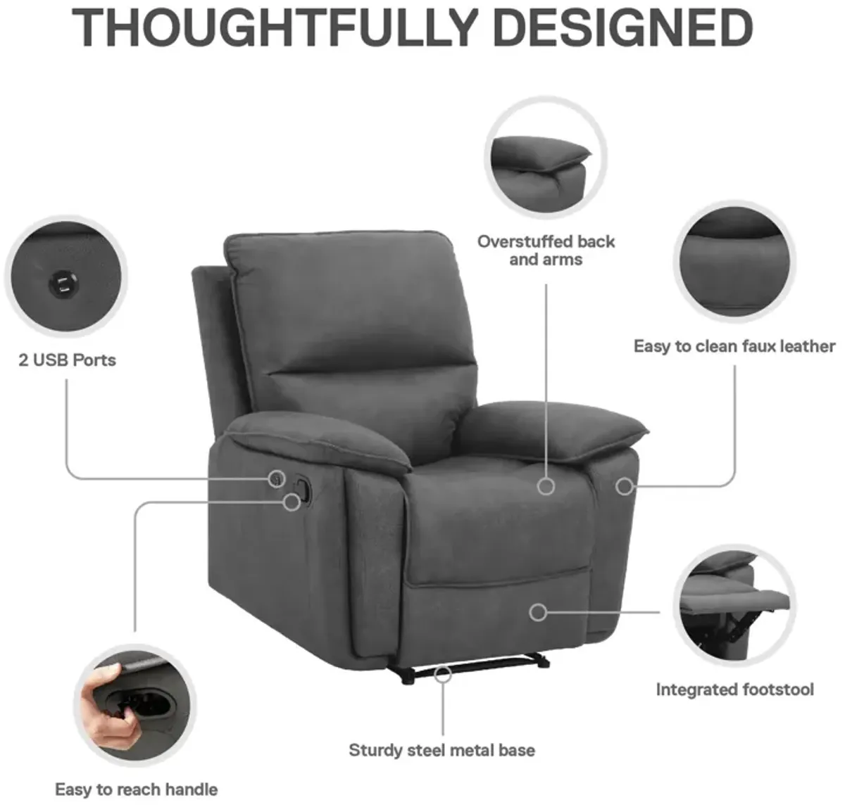 Labatte Faux Leather Recliner with Dual USB Port