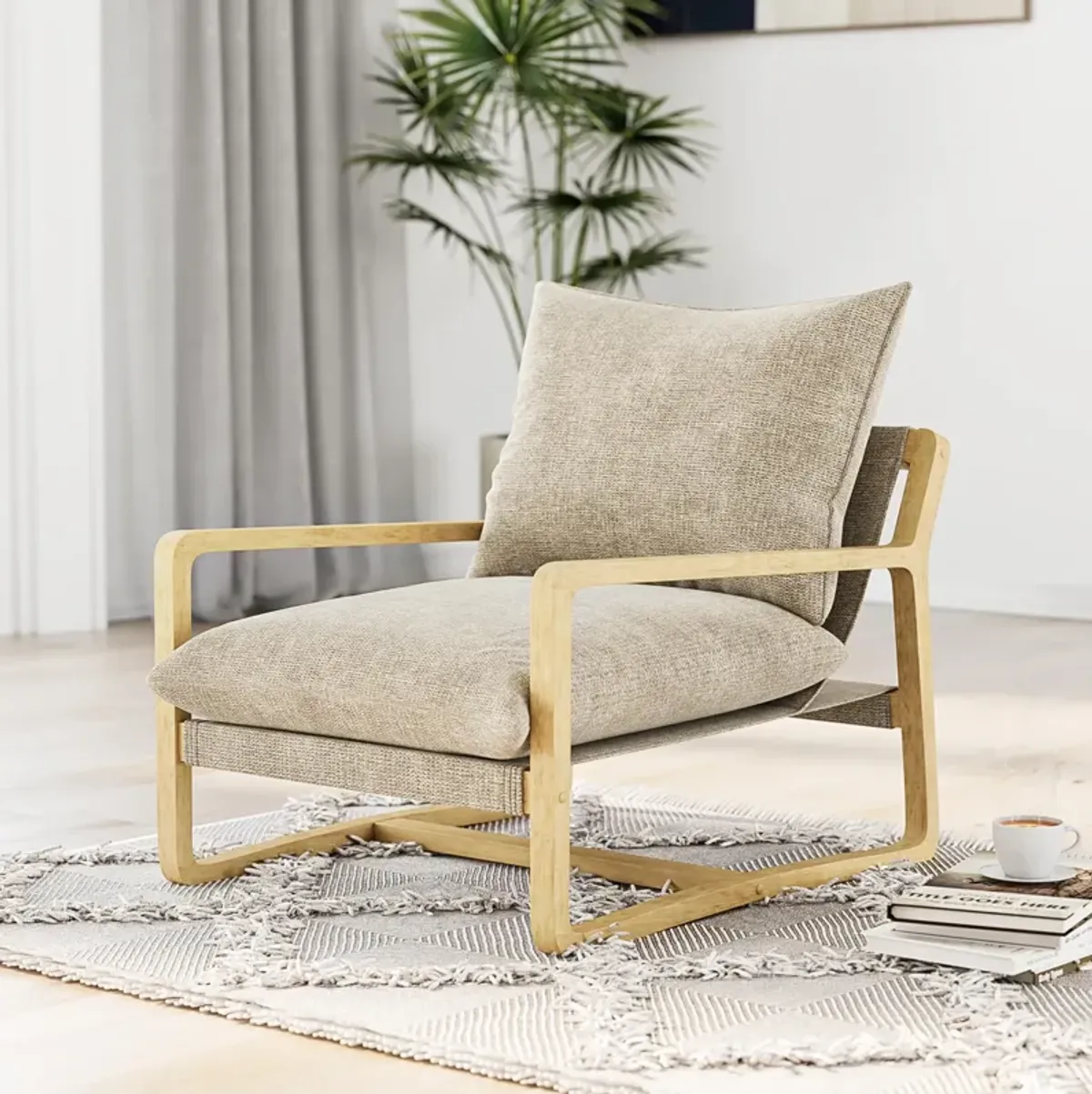 Mira Upholstered Sling Accent Chair with Solid Wood Frame