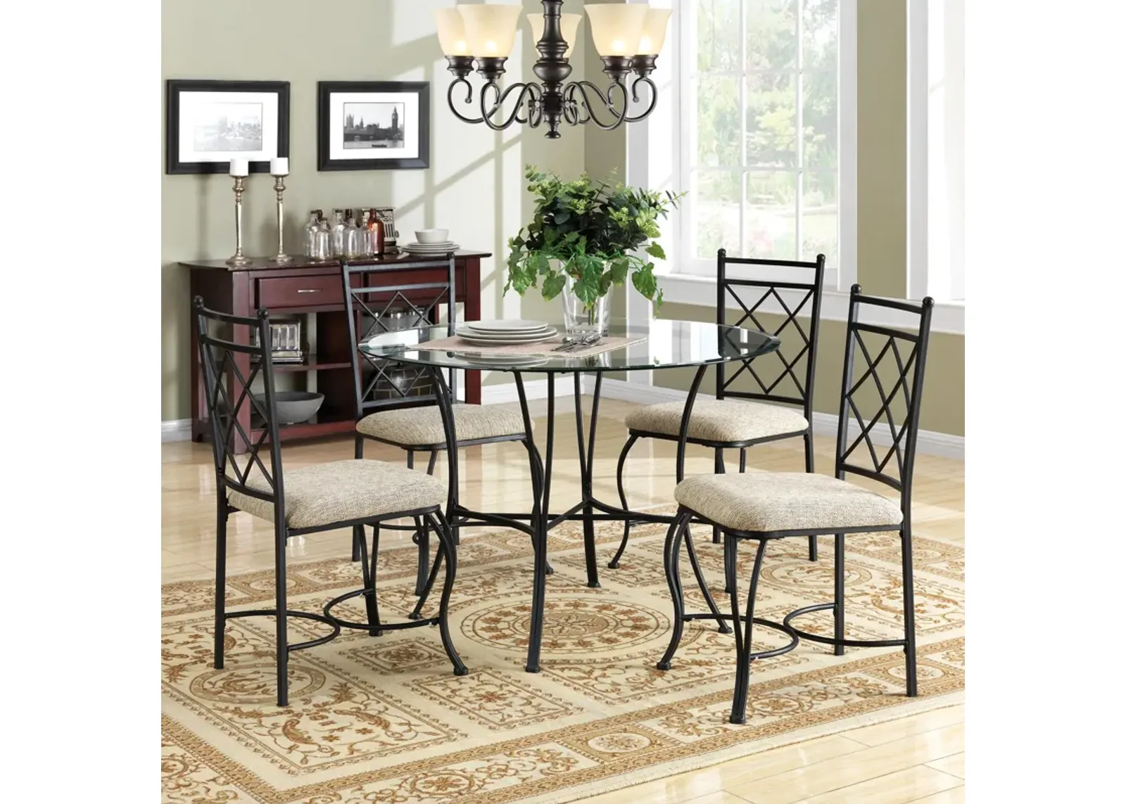 Traditional Glass Top Metal 5-Piece Dinette