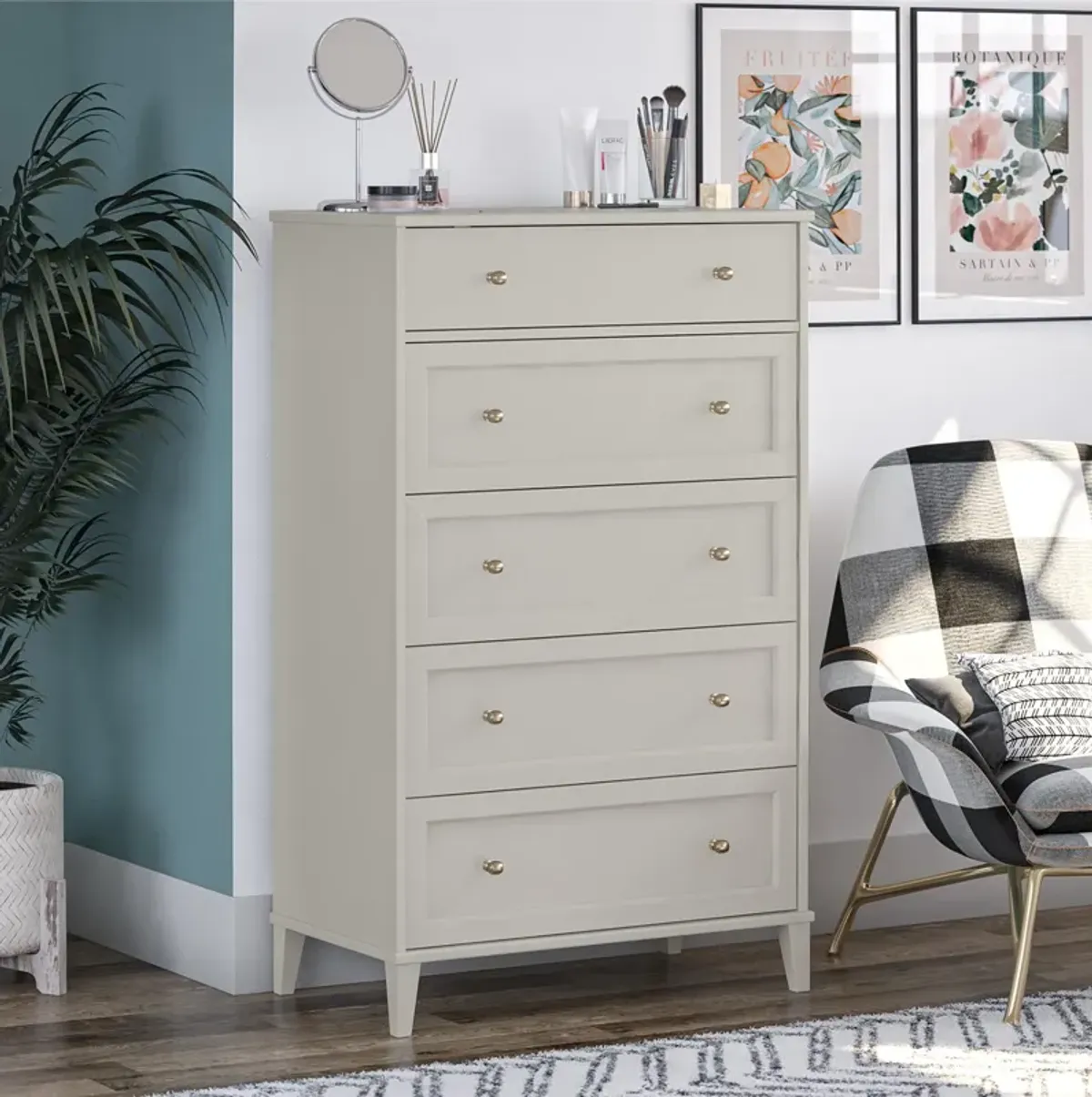 Monticello Tall 5 Drawer Dresser with Gold Accents