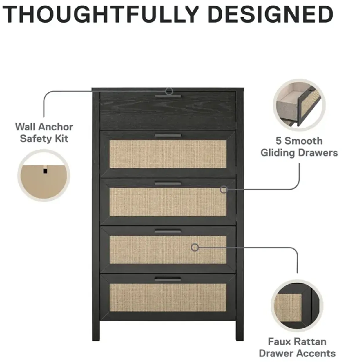 Amberly Rattan 5 Drawer Dresser