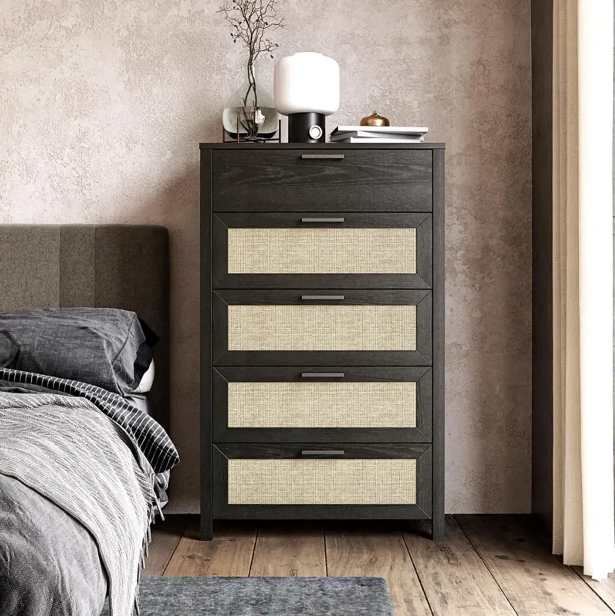 Amberly Rattan 5 Drawer Dresser