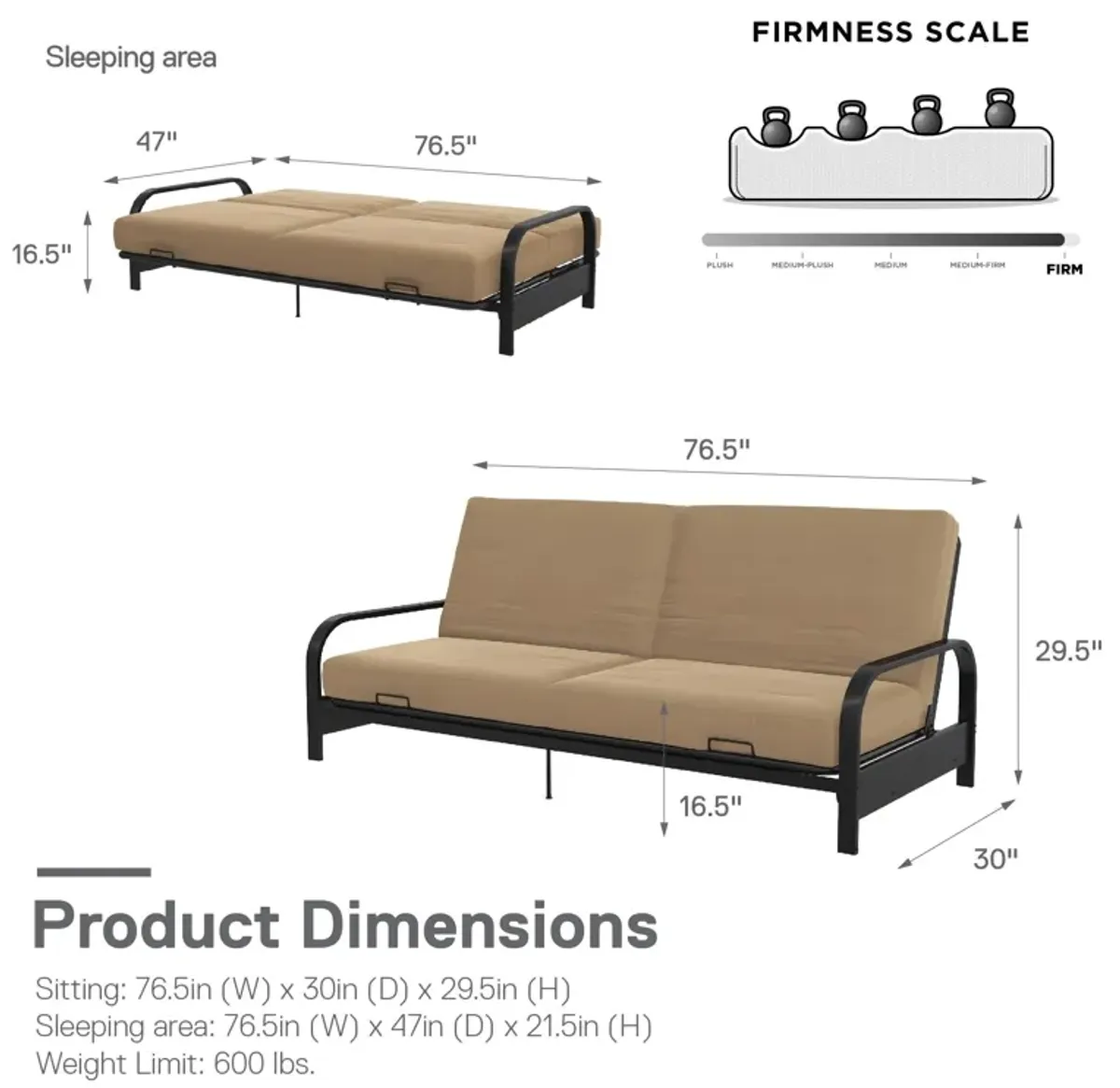 Elbern Black Metal Arm Futon Frame with Tan Linen Slipcover