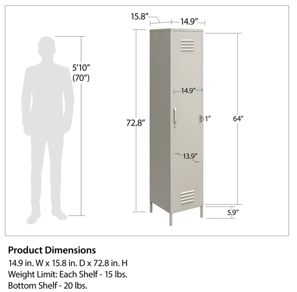 Shadwick 1 Door Tall Single Metal Locker Style Storage Cabinet