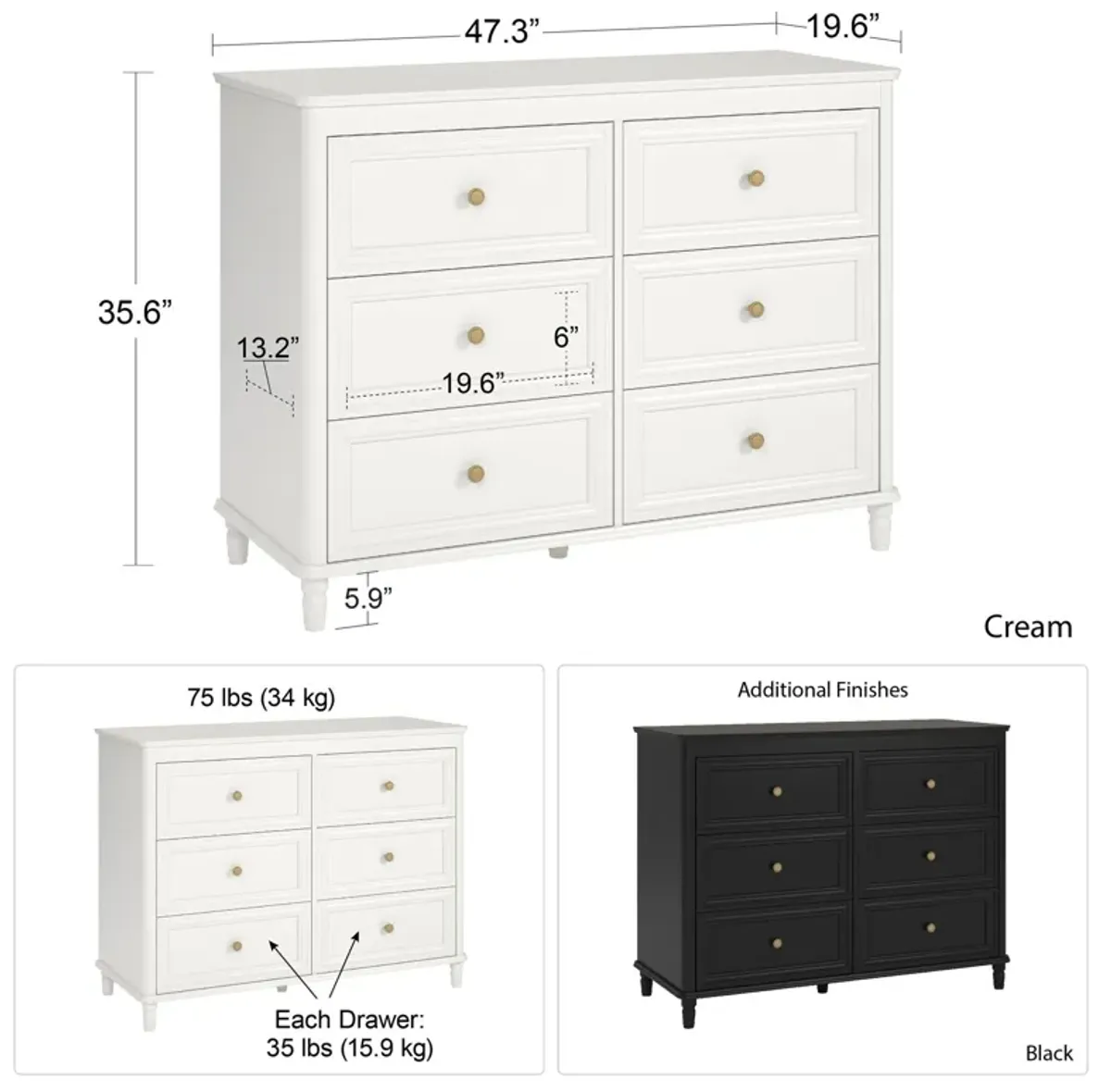 Piper Painted 6 Drawer Dresser with Solid Wood Spindle Feet