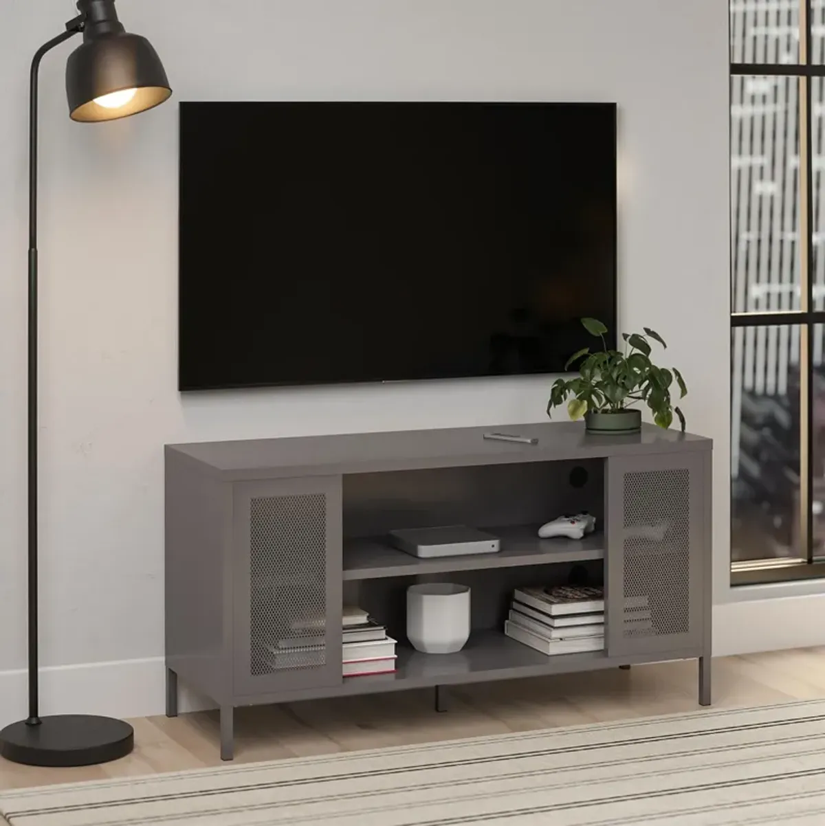 Shadwick Metal TV Stand for TVs up to 50" with Perforated Metal Mesh Accents