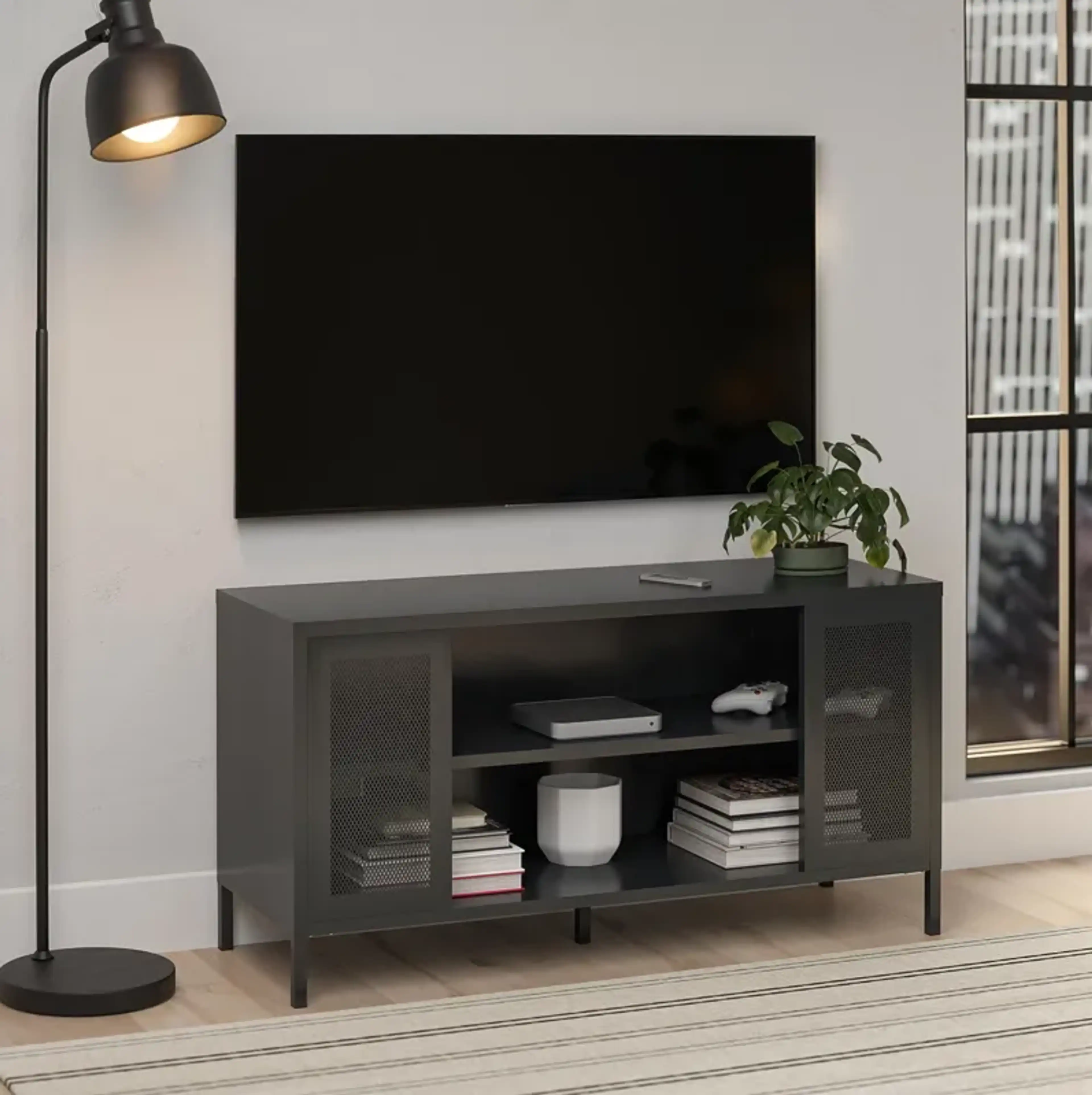 Shadwick Metal Tv Stand For Tvs Up To 50 With Perforated Metal Mesh ...