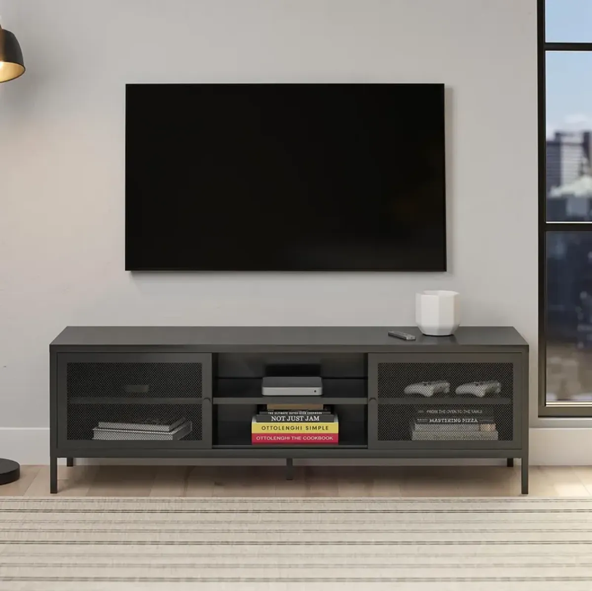 Shadwick Metal TV Stand for TVs up to 65" with Perforated Metal Mesh Accents