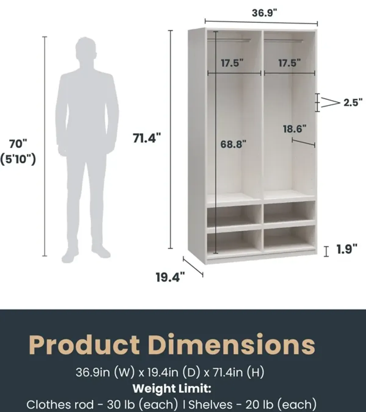 Perry Park Modular Extra Wide Wardrobe with Adjustable Open Shelves and Clothing Rods