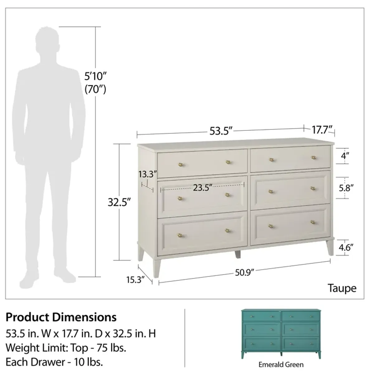 Monticello Wide 6 Drawer Dresser with Gold Accents