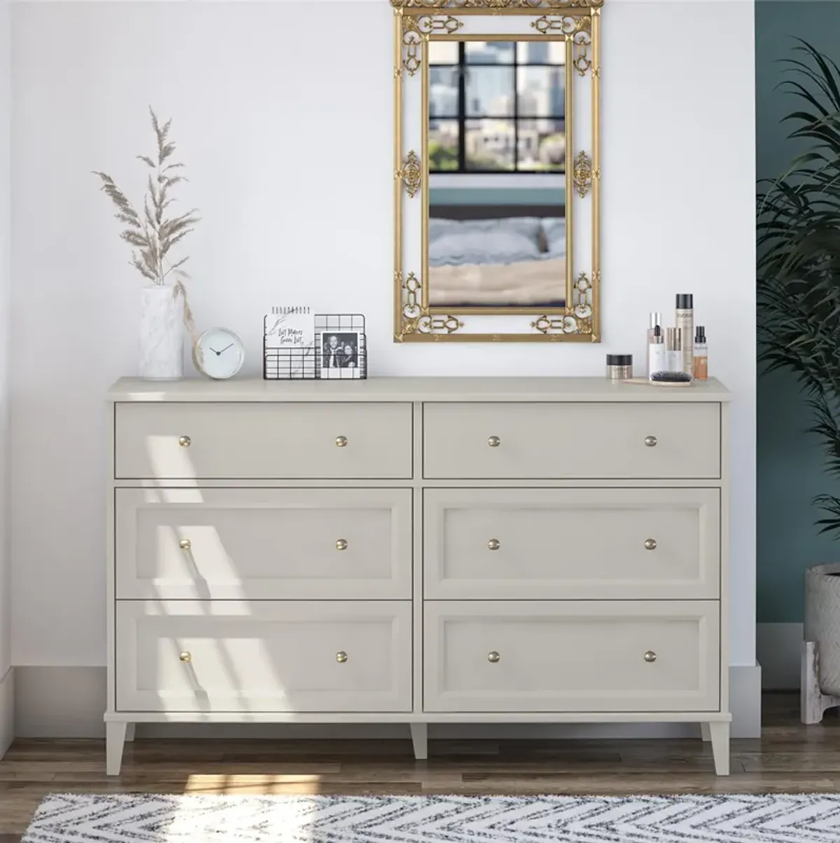 Monticello Wide 6 Drawer Dresser with Gold Accents